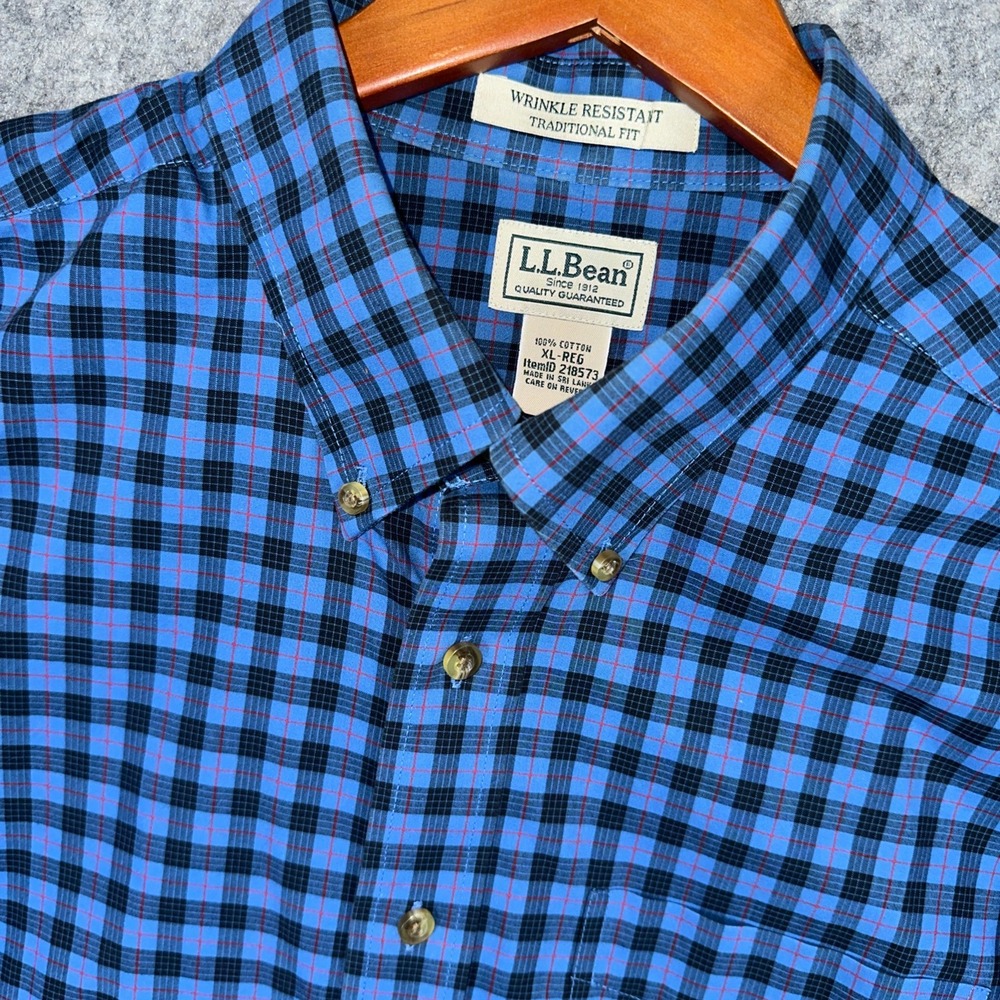 LL Bean Shirt Mens XL Blue Plaid Wrinkle Resistant Traditional Fit Button Down